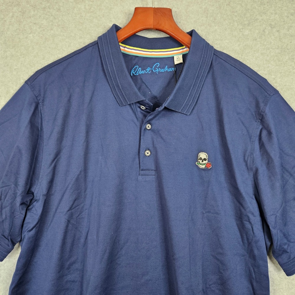 Robert Graham The Player Navy Blue Skull Rose Polo Shirt Classic Fit Men XL New